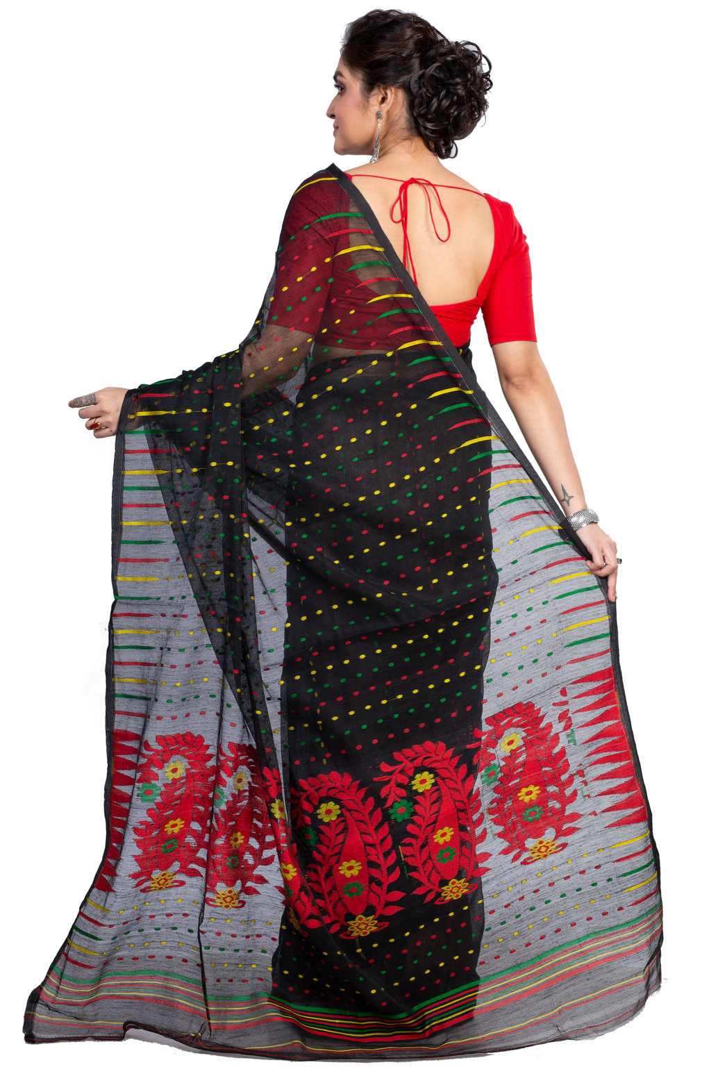 Black Blended Cotton New HALF  JAMDINE Jamdani Saree (4110)